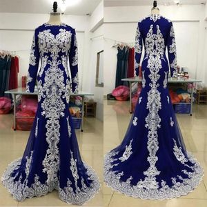 Saudi Arabia Formal Evening Dresses With Long Sleeves Ivory Lace Jewel Muslim Special Occasion Party Women Dress Plus Size Prom Me245L