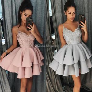 Sexy Short Homecoming Dresses V Neck Spaghetti Straps Lace Satin Cocktail Party Dresses Tiered Sliver Blush Short Prom Dresses Zip294l