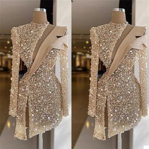 Champagne Evening Dresses Luxury Sequins Beads High Neck Long Sleeves Prom Dress Formal Party Gowns Custom Made Knee Length Robe d280o