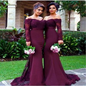 2021 Burgundowe długie rękawy syrena sukienki druhna koronkowe aplikacje z sali honorowej sukienki