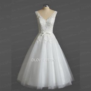 Vintage Outdoor Tea Length Wedding Dress Short A Line V Neck Lace Appliqued Tulle Bridal Dresses with Bow Vestido De Novia Real Ph288c