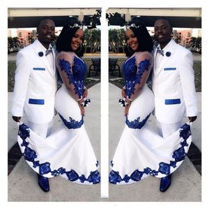 New White Satin Royal Blue Lace Aso Ebi African Prom Dresses Maniche lunghe Illusion Appliqued Mermaid Evening Formal Gowns244Z