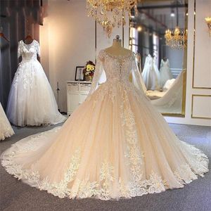 Arabic Vintage Lace Appliques Ball Gowns Wedding Dresses 2020 Sheer Jewel Neck Long Sleeves Tulle Applique Beaded Bridal Wedding G284b