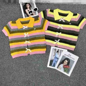 fashion Knits Tees for women Stripe Contrast Ribbon Bow Short Sleeve Sweater Short Polo Neck Soft Sticky Knit Top