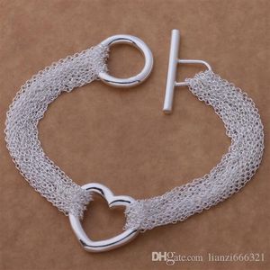 Top 925 Silver Bracelet Multi Links Chain Heart Pendant Bracelet Silver Jewelry 10Pcs lot cheap 1023289s