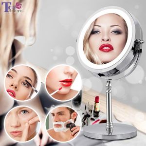Espelho de maquilhagem de aumento 10X com luz LED Espelhos cosméticos redondos Espelhos de mesa espelhos retroiluminados de dupla face T20011280T