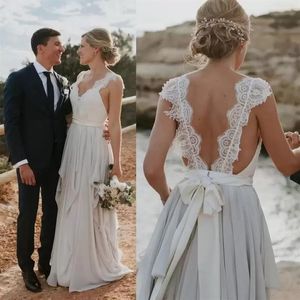 Boho Beach Wedding Dresses Bridal Ball Gown Lace Straps Scalloped Tiered Skirt Chiffon Backless Custom Made Party Gowns Plus Size 265a
