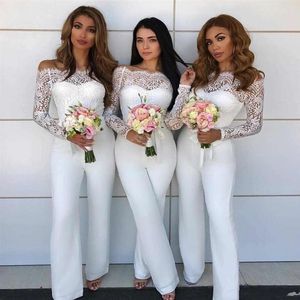 White Off Shoulder Lace Jumpsuit Bridesmaid Dresses for Wedding Sheath Wedding Guest Pants Suit Gowns Plus Size BM0931312Z