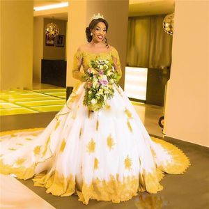 Afrikanische Brautkleider in Übergröße, schulterfrei, Goldapplikationen, Spitze, Ballkleid, Hochzeitskleid, lange Ärmel, lange Brautkleider281o