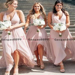 2019 Amerikanisches griechisches Hallo-Lo-langes Chiffon-Sommer-Strandparty-Brautjungfernkleid mit Neckholder und V-Ausschnitt, einfaches Trauzeugin-Kleid nach Maß mad2057