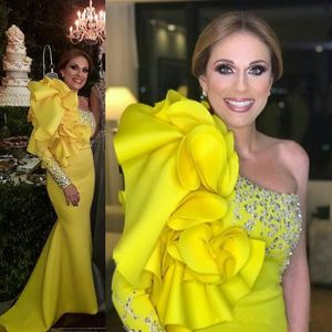 One Long Sleeve Yellow stain Evening Dresses with Ruffles Beaded Crystal Mermaid Prom Dresses Formal Party Gowns259h