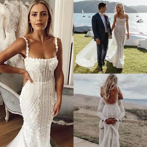 2019 koronkowe sukienki ślubne syreny kwadratowy szyja koronkowa aplikacja seksowna bez pleców vestidos de novia sucha Pearls Summer Beach Weddi319v