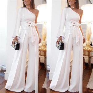 Two Pieces Wide Jumpsuit White Evening Dresses Women Pant Suits One Shoulder Poet Long Sleeve Casual Prom Party Gowns Custom Made284H