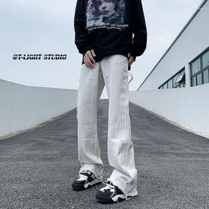 Men's Pants High Street Men Pure White Loose Denim Trousers Neutral Streetwear Casual Straight Wide Leg Man Women Harem Burr Edge