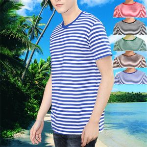 Camiseta de manga curta listrada de marinheiro solta gola redonda listra vermelha listra preta listra verde camisa azul marinho roupas de classe atacado