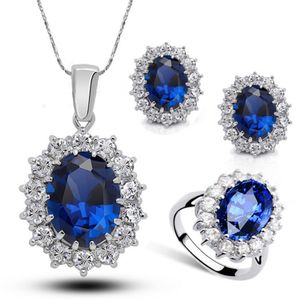 Princess The Same Sapphire Anello Orecchini Collana Set Ladies Crystal Diamond Jewelry Europa e Corea del Sud INS Net Red Models270K
