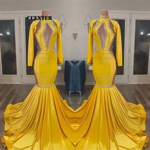 2023 Yellow Gold Prom Dresses For Black Girls African Party Dress Long Sleeve Special Endan Evening Gown Merraid Robe de Femme 2600