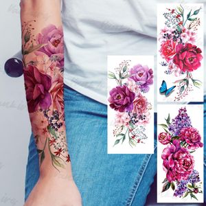 Tatuagens temporárias de flores coloridas para meninas, realistas, flores de borboleta de lavanda, adesivos de tatuagem falsos, antebraço, corpo, tatuagens 3D