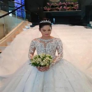 Sparklingowa cekin z koralikami Linia Suknie ślubne długie rękawy długość podłogi na zamówienie Vestido de novia 2019 Dubai Arabic Lace Brida254k