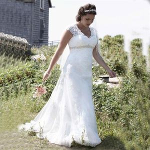 New Plus Size Empire Wedding Dresses Cap Sleeve V Neck Beaded High Waist Lace Sweep Train Bridal Gowns Custom Made213B