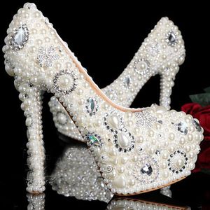 Chegada nova cristal e pérola sapatos de noiva vestido de noiva branco sapatos de salto agulha redondo dedo do pé feminino sapatos de festa de aniversário239T