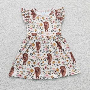 Partihandel Baby Girl Western Highland Cow Dress Barn Korta ärmar Blomma Barn Spädbarn Småbarn Floralkläder