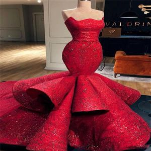 Romantic Red Mermaid Sweetheart Satin Formal Evening Dresses Lace Sequins Long Prom Dresses Pageant Gowns 2019 New307A