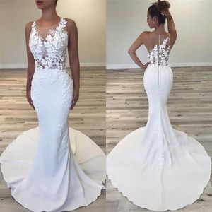 2022 Modest White Mermaid Wedding Dresses UK Sheer Neck Sleeveless Slim Tight Floral Applique Illusion Back Boho Bridal Dress Fitt241L