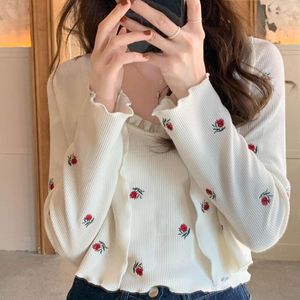 Kadın Örgü Japon Sweaters Giysileri Setleri Ruffles Nakış Uzun Kollu Ceket Tatlı Askı Yeleği Takım Moda 2 Parça Set