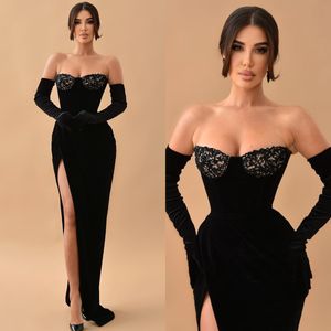 Eleganta svarta balklänningar spets älskling sammet mantel aftonklänning veckar slit formell lång speciell tillfälle festklänning