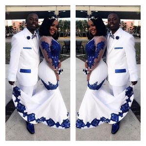 Ny White Satin Royal Blue Lace Aso Ebi African Prom Dresses Long Illusion Sleeves Applique Evening Formal Gowns Pageant Celebrity237h