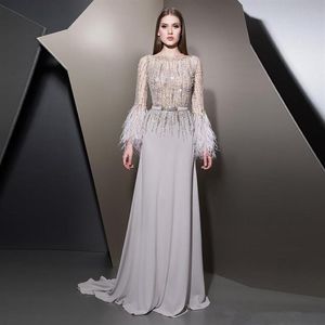 Luxury Beaded Sequins Long Sleeves Evening Dresses with Feathers Sash A Line Party Gowns Formal Prom Dress201t