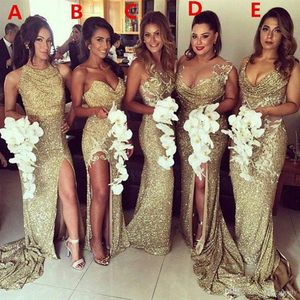 Newest Luxury Sparkly Bling Mermaid Bridesmaid Dresses Gold Sequined Backless Slit Plus Size Maid Of The Honor Gowns Robe de sorie197g