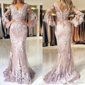 Elegant Blush Pink Appliques Lace Long Mermaid Prom Dresses V Neck Long Flare Sleeves Floor Length Formal Evening Gowns Custom Siz234i