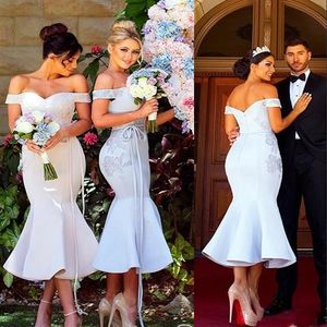 Modest Tea Length Mermaid Bridesmaids Dresses 2019 Off Shoulder Open Back High Appliques Short Country Maid Of Honor Party Prom Go287m