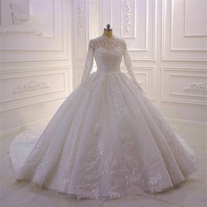 Luxury Muslim Long Sleeves Ball Gown Wedding Dresses 2020 High Neck Lace Appliqued Beaded Plus Size Bridal Gowns robe de mariee240b