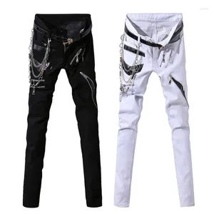 Jeans Masculino Hip Hop Com Corrente Patchwork Punk Gótico Festa Palco Multi Zíperes Couro Calça Performance para Homem