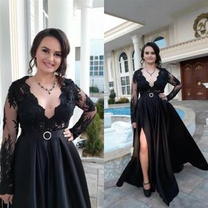 Long Sleeve Mother of the Bride Dresses for Wedding Party Black Lace Satin Open Leg Slit Evening Prom Gowns Luxury Customized184G