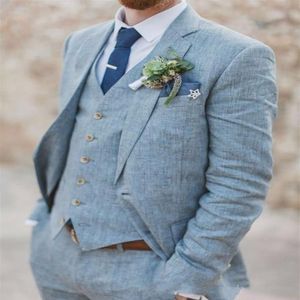 Linho Azul Claro Ternos Masculinos Ternos de Casamento Slim Fit 3 Peças Noivo Smoking Masculino Prom Ternos Jaqueta Calças Colete Custom Made New247H