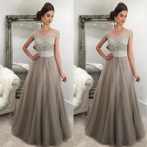 2017 Elegant Silver Gray Evening Dresses Off Shoulder Cap Sleeves Crystal Beaded Tulle Puffy Saudi Arabic Formal Evening Gowns Pro229T