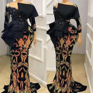 Eleganckie Aso Ebi Ebi Mermaid Suknie wieczorowe długie rękawy cekiny Meramid Big Bow South African Style Dress Formalne suknie Plus274V