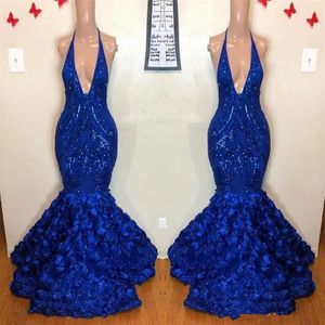 Royal Blue Mermaid Prom Dresses Sexy African Plunging Neck Sleeveless paljetter Rose Flowers Long Evening Gowns Vestidos266T