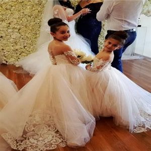 Full Lace Flower Girl Dresses for Weddings Jewel Neckline Long Sleeves Custom Made Girls Pageant Gowns A-line Kid Birthday Party D287S
