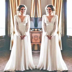 Greek Goddess Style Wedding Dress Long Sleeve Deep V Neck Flowing Chiffon Floor Length Graceful Bridal Gowns Vestidos de Noiva Cus285M