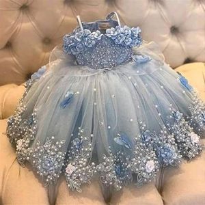 Light Sky Blue Pearls Girls Pageant Dresses Appliced ​​Pärled Flower Girl Dress for Weddings Children Long Princess Birthday Ball G3459