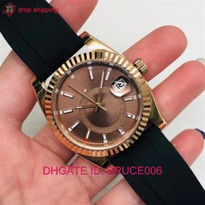 Wysokie opłacalne męskie niebo mieszkanie gumowy pasek zegarek automatyczny mechaniczny 42 mm żółte złoto 326238 Sapphire Pełna funkcja Mała 203y