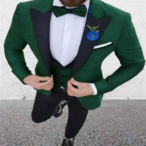 Zupełnie nowy ciemnozielony Tuxedos Black Lapel Groomsmen Mens Wedding Dress Fashion Man Kurtka Blazer 3piece Suitjacket Pants VES256H