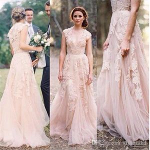 Vintage 2020 Wedding Dresses Sexy Deep V Neck Cap Sleeve Blush Lace Beach Bridal Gowns Layered Reem Acra Long A-Line Wedding Dress266y