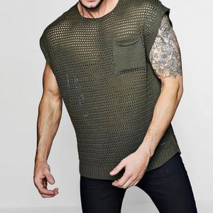 Tanque de homens tops hollowout malha verde malha colet homem transparente Sexy Top Tees de mangas, veja através de roupas de rua 230721