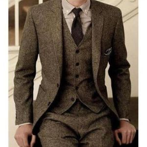 Ternos masculinos vintage smoking de lã tweed 3 peças marrom espinha de peixe terno personalizado slim fit para noivo usar smoking de casamento 214s